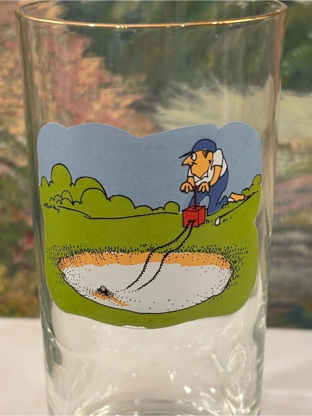 Vintage Ashby Comic Golf Highball Glasses - Set of 2 Mint 70’s Gold Rim